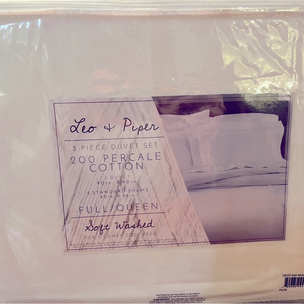 Leo & Piper Soft Washed Percale 3 Pc Duvet Set. White ~ Full/Queen